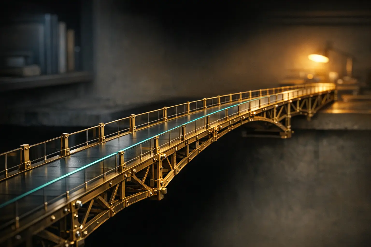 A brass-and-glass scale-model bridge with incremental segments spanning a dark void between a cool-lit pilot side and a warm-lit production side, illustrating the deliberate engineering required to scale AI from pilot to production.