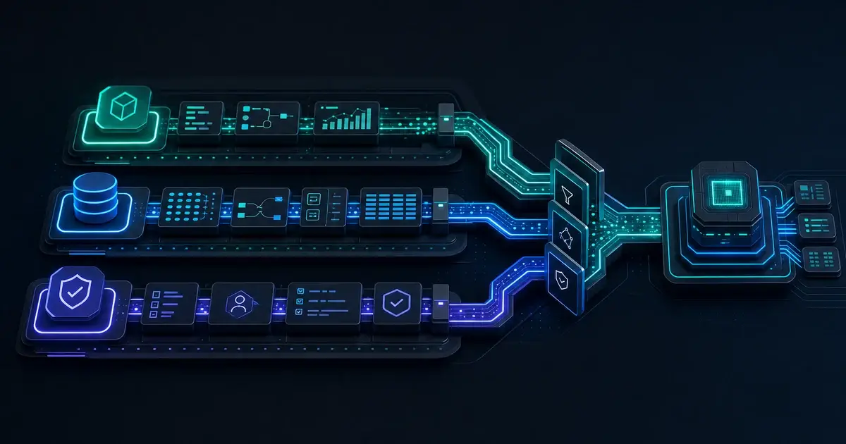 Modern AI delivery operating surface with coordinated product, data, and governance streams converging into a production node.