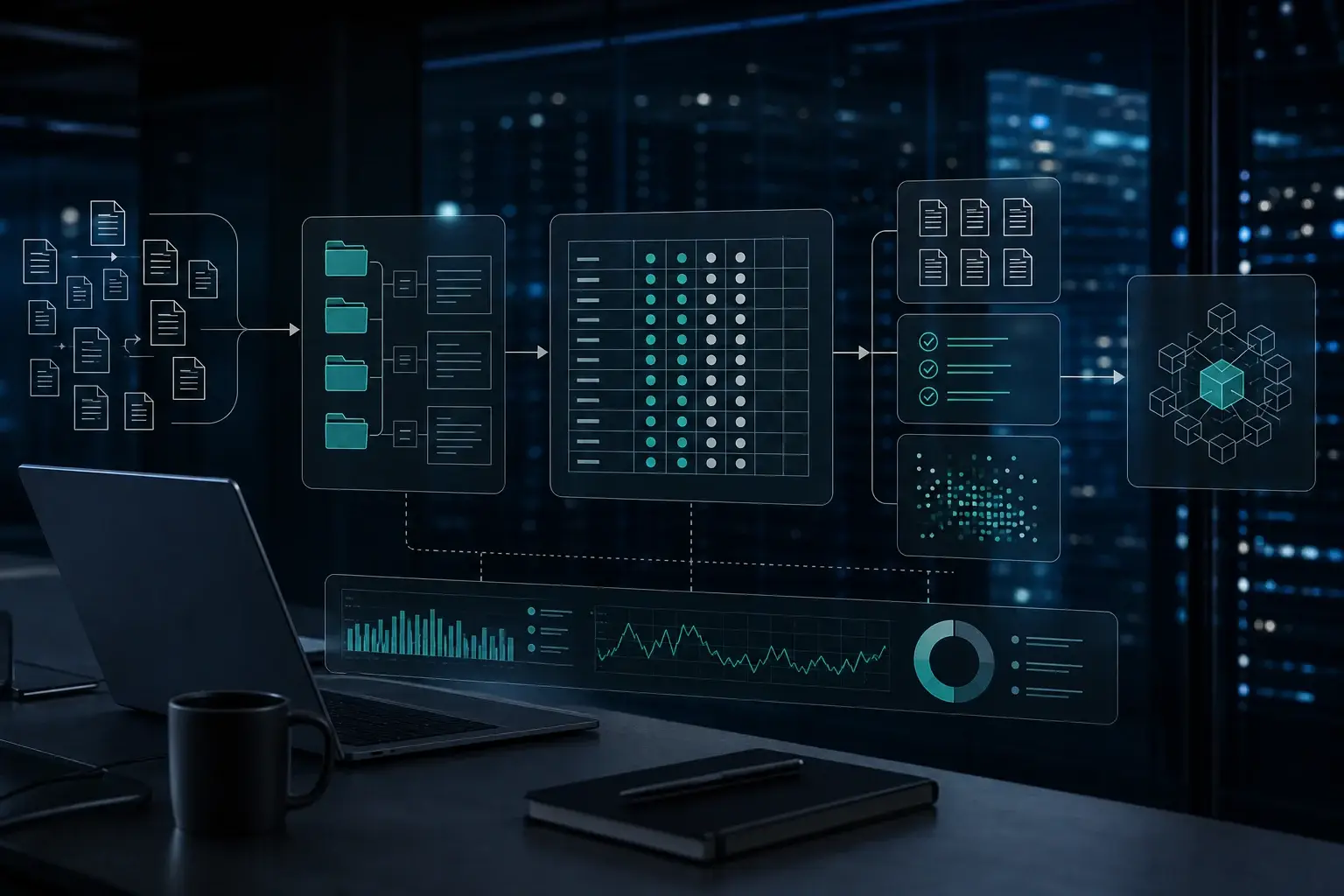 A modern data preparation workspace showing organized ingestion, validation, metadata, and governed AI data flows.