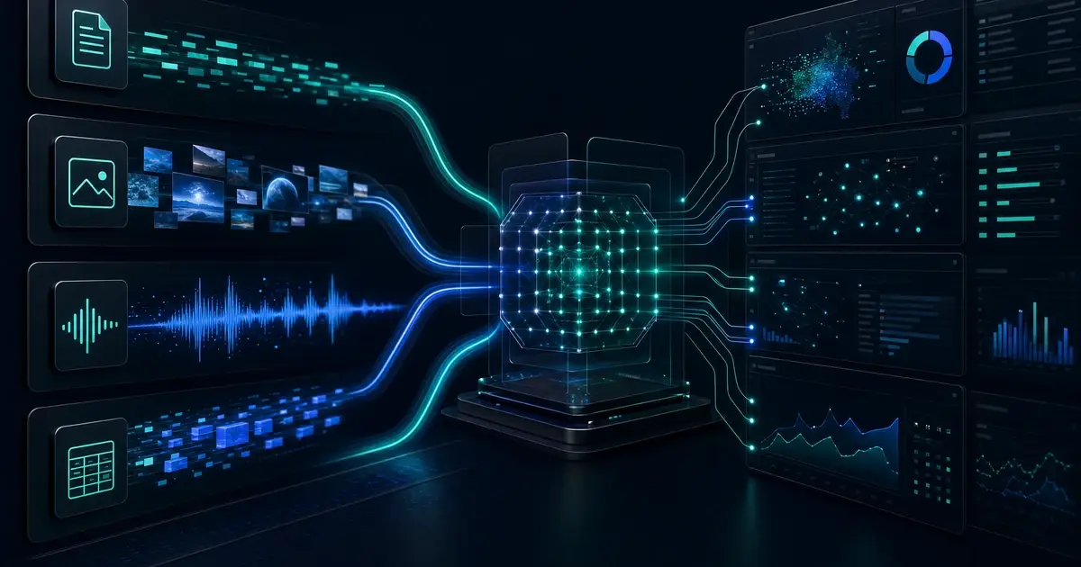 Modern multimodal AI control plane with document, image, audio, and data streams converging into a governed platform core.