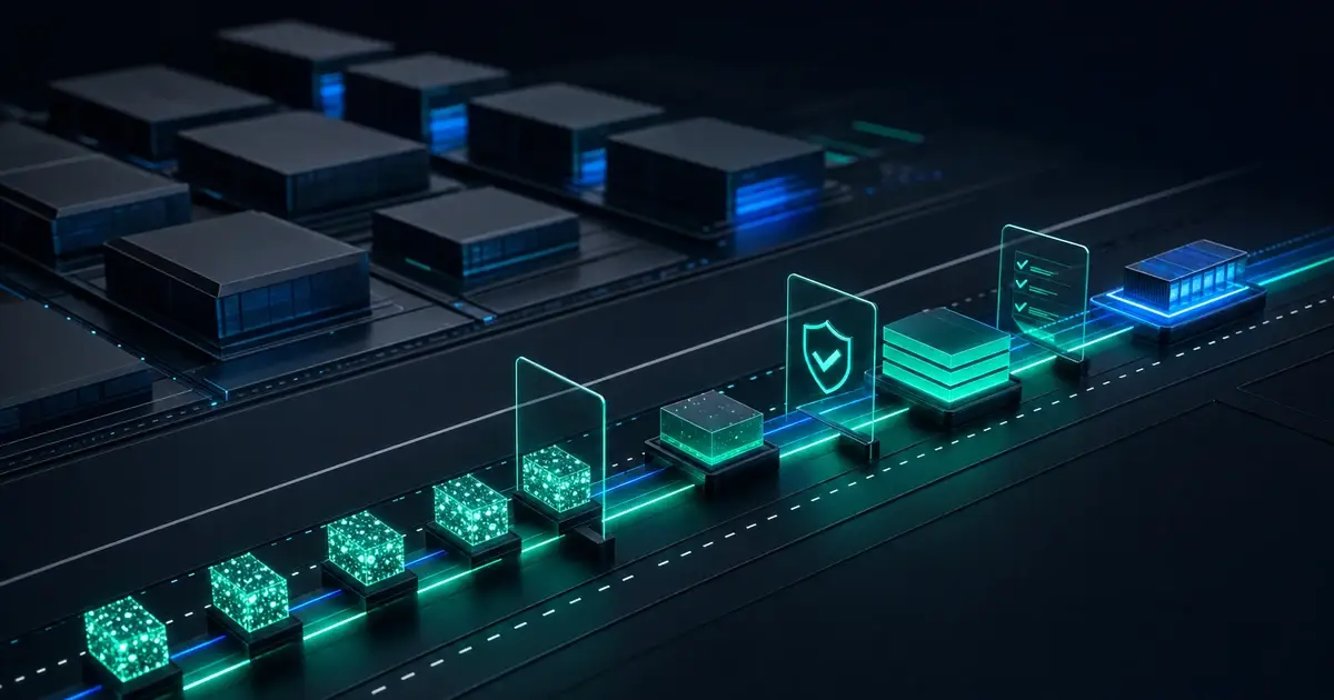 Modern AI delivery platform lanes showing compact modules moving through governance checks toward production deployment.