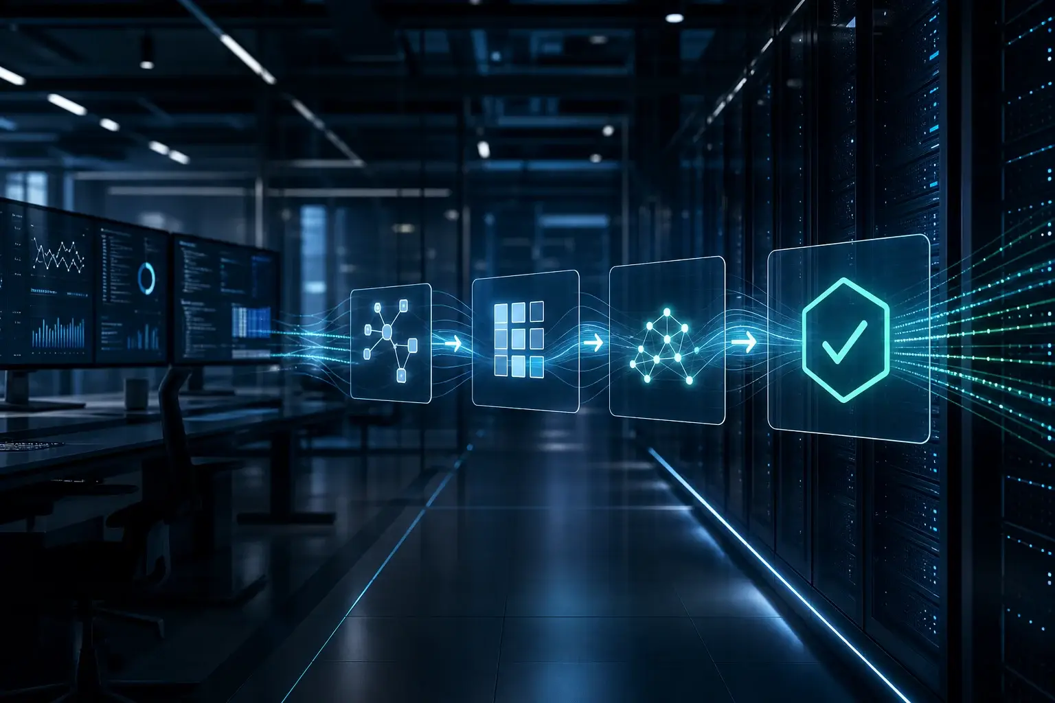 A modern AI operations pipeline moving from prototype workspace to production infrastructure.