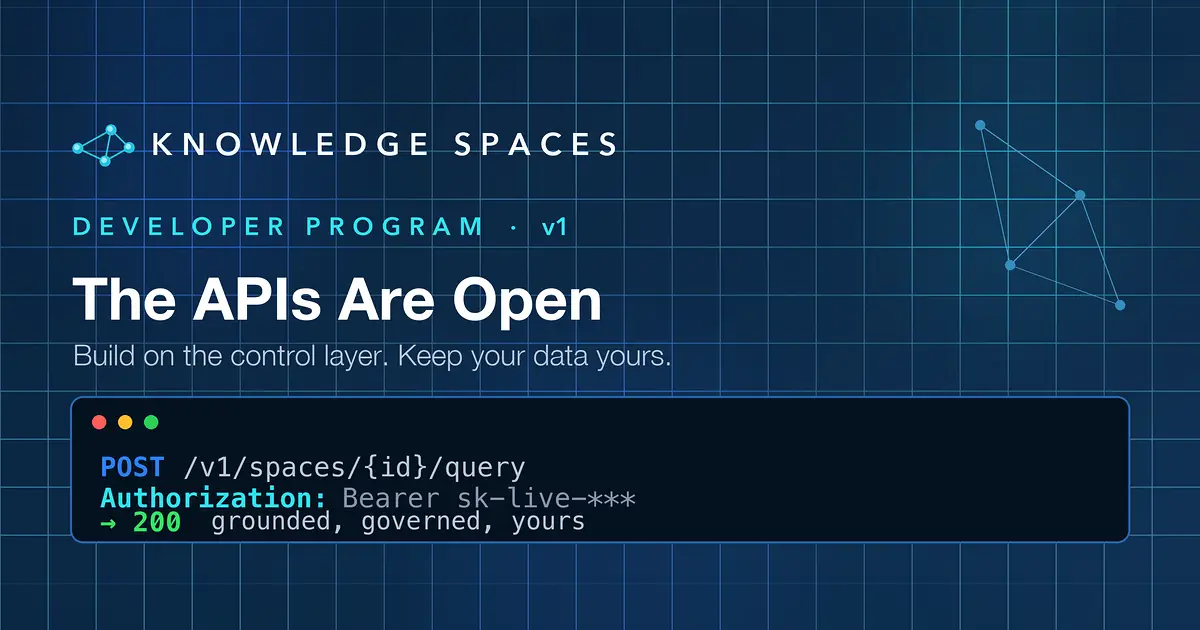 Knowledge Spaces Developer Program v1 graphic reading The APIs Are Open with API endpoint example